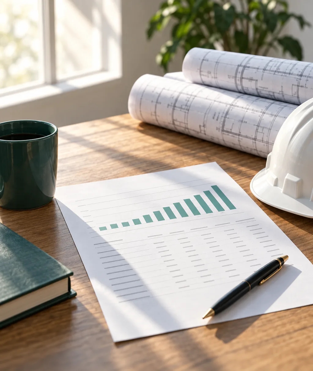 A printed 13-week cash forecast on a contractor's desk beside rolled job plans and a hard hat